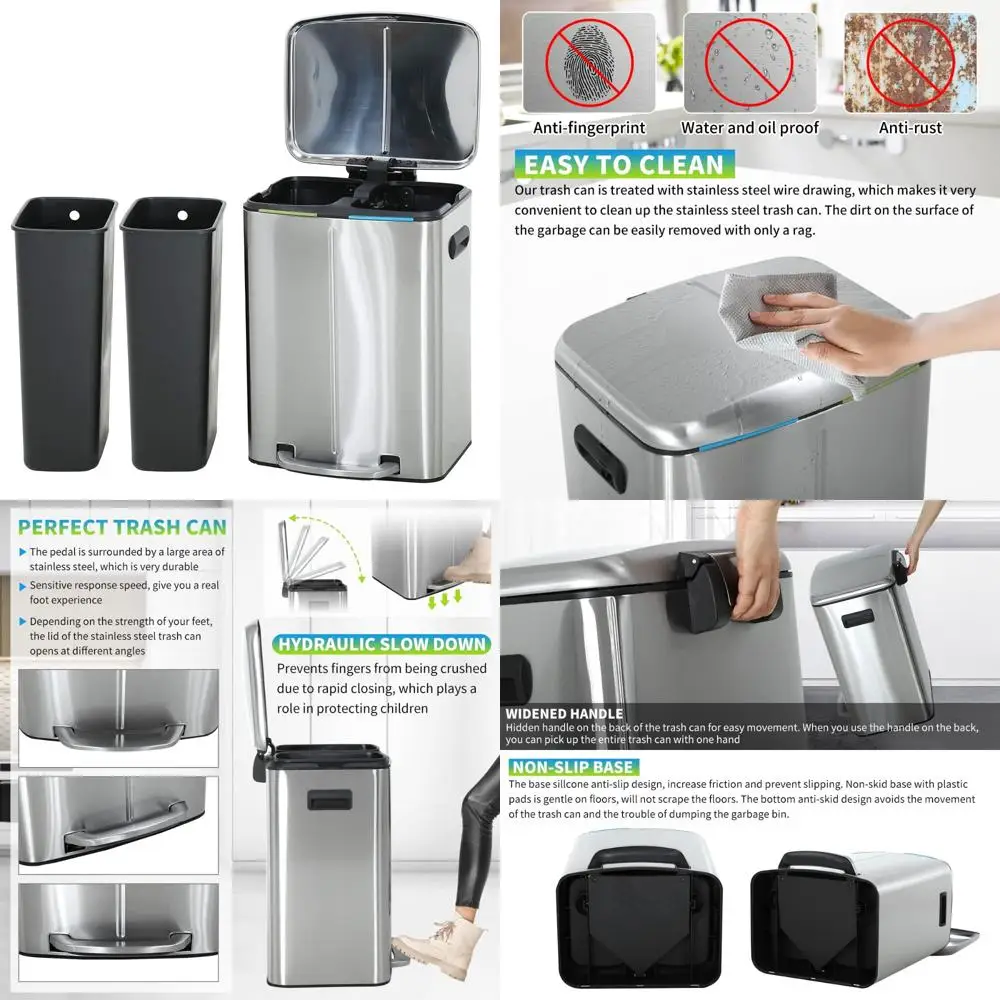 

Stainless Steel 10 Gallon Dual Step Trash Can with Soft-Close Lid and Anti-Fingerprint Design