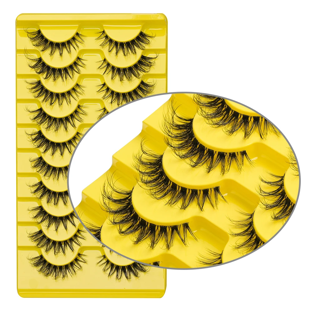 MJ 10 Pairs D Curl Natural Fluffy False Eyelashes Wispy 3D Volume Strip Lashes Fake Eyelashes with Clear Band Eyelash Extension