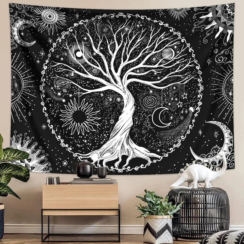 VIKAMA Wandteppich im Retro-Böhmen-Stil, Baum des Lebens, mystischer Sternenhimmel, Mond, Sonne, Elemente, Kunst-Wandteppich, Raumdekoration