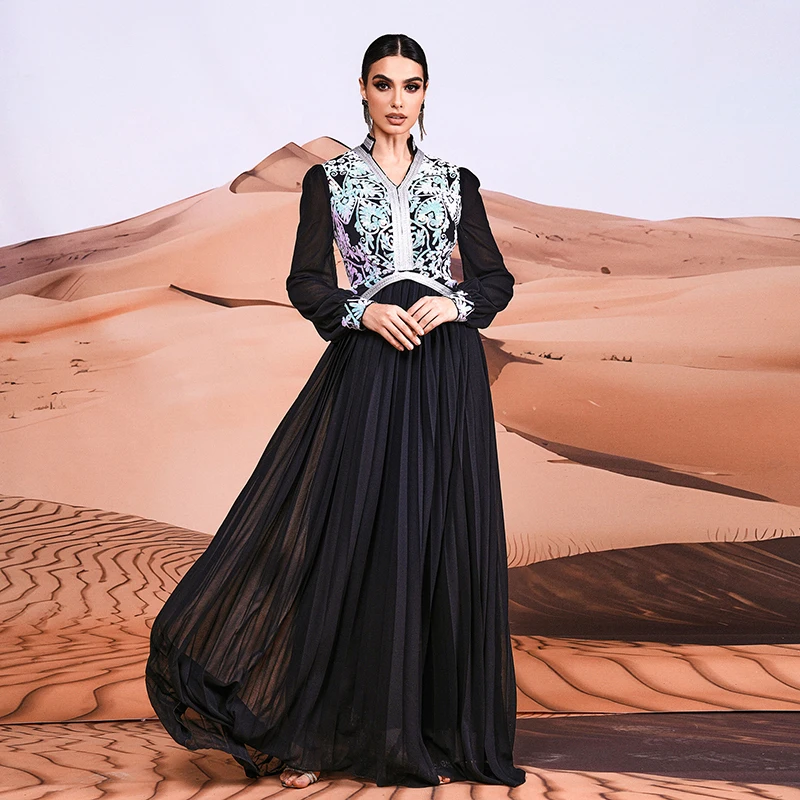 2024 Nieuwe Moslim Jurk Zwart Abaya Dubai Luxe Elegante Dames V-Hals Lovertjes Cocktail Prom Avond Feest Lange Maxi Jurken