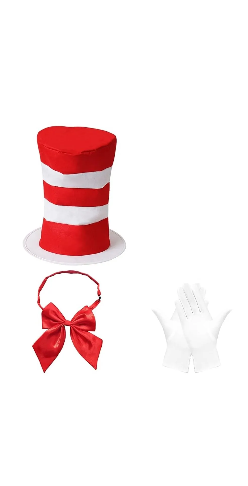 Kit de disfraz de gato y sombrero de copa para niños y adultos, guantes de Stovepipe a rayas rojas y blancas, pajarita, cola larga, accesorios de Halloween