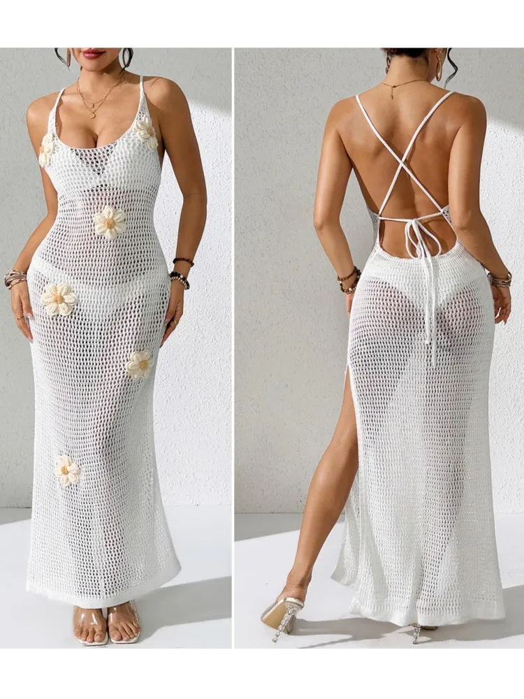 Robe de plage en tricot pour femmes, Sexy, ajourée, sans manches, Cover-Up pour Bikini, robes Maxi de vacances, été, 2026