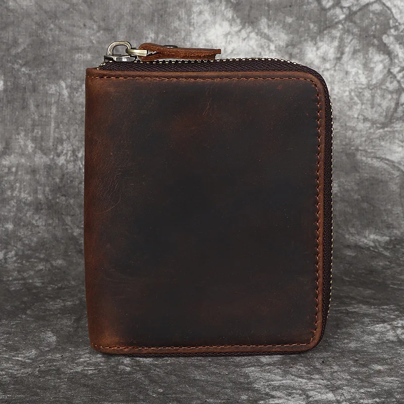 Mad Horse Leather Men's Zippered Wallet - Vertical Style - Full Leather - Genuine Cowhide - Retro Handmade Wallet