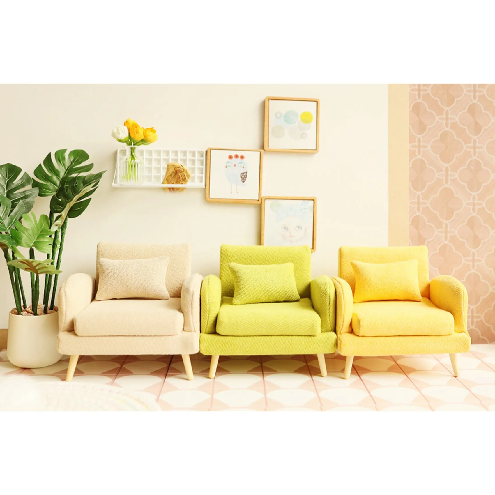 1/12 Dolls House Single Sofa Dollhouse Miniature Furniture Sofa Chair Armchair for Dollhouse Decoration Toy Yellow