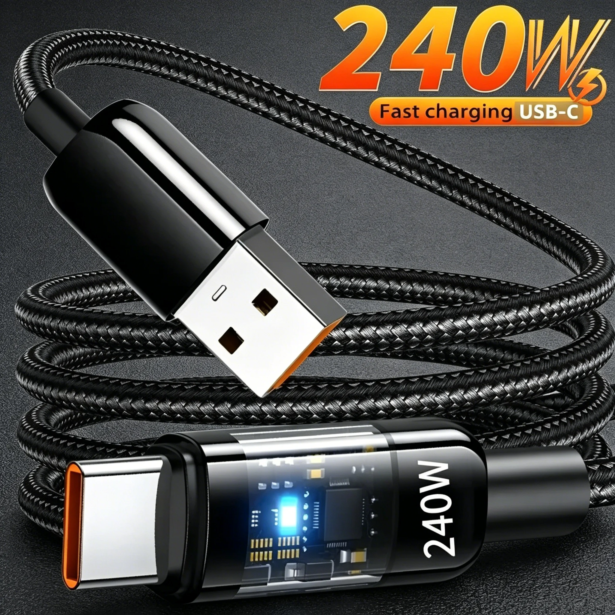 240W 10A USB-auf-Typ-C-Schnellladekabel QC3.0 Nylon-Datenkabel mit LED USB-auf-Typ-C-Kabel für Huawei Samsung Xiaomi 15