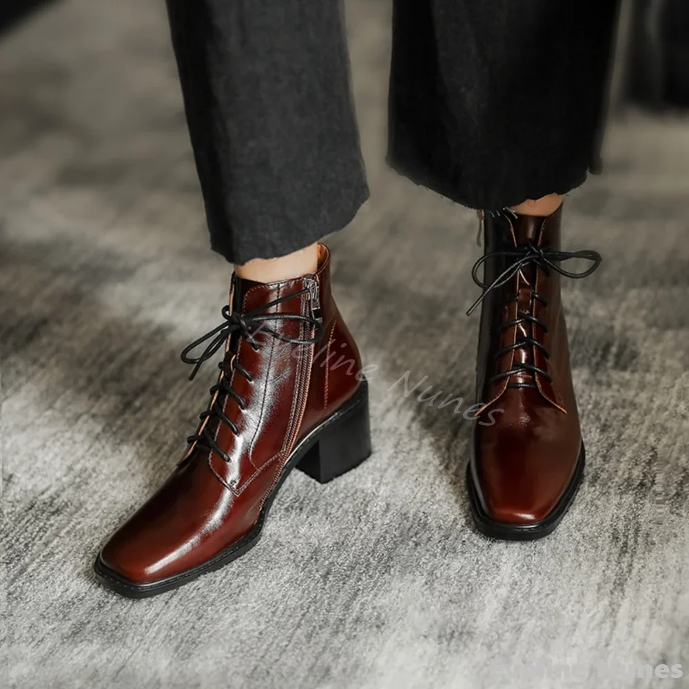 

Genuine Leather Cross Tied Ankle Boots Women Retro Splicing Square Toe Chunky Heels Business Boots 2024 Spring New Modern Boots