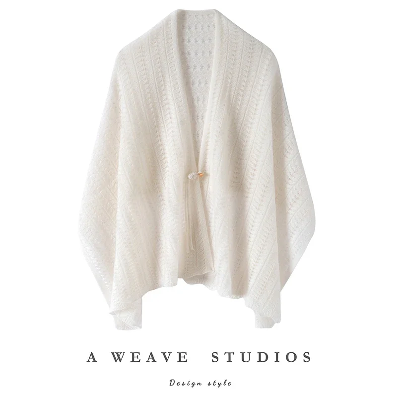 Chinese Style Elegant Women Scarf 100% Cashmere Shawl Autumn Winter Warm Poncho Versatile Wraps Sunscreen Cloak Hollow Out Knit