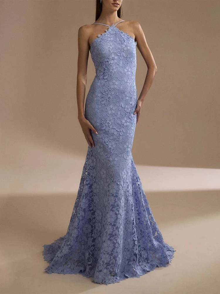 

Women Light Blue Lace Halter Gown Sleeveless Floor-length Mermaid Maxi Dress 2026 Lady Trendy Party Vestidos New