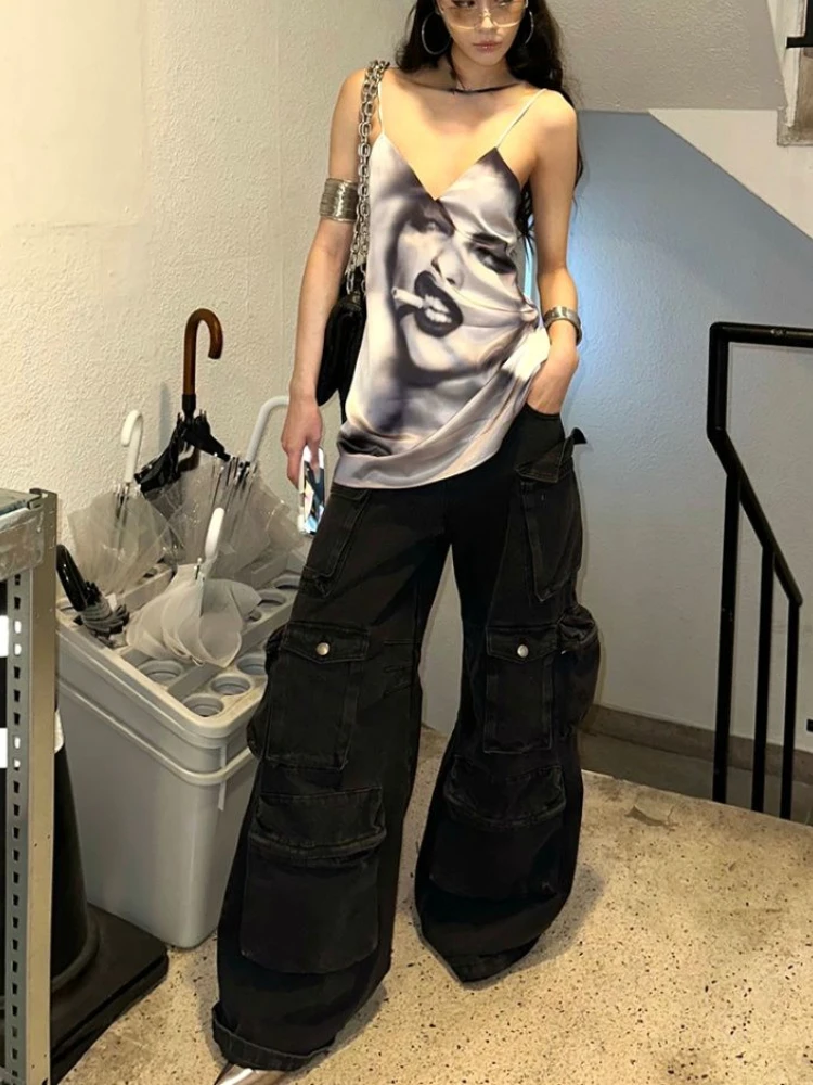 بلوزة نسائية صيفية Y2k جمالية مثيرة بياقة على شكل V بدون أكمام ملابس خروج غير رسمية مطبوعة صورة هاراجوكو كل مباراة قصيرة s