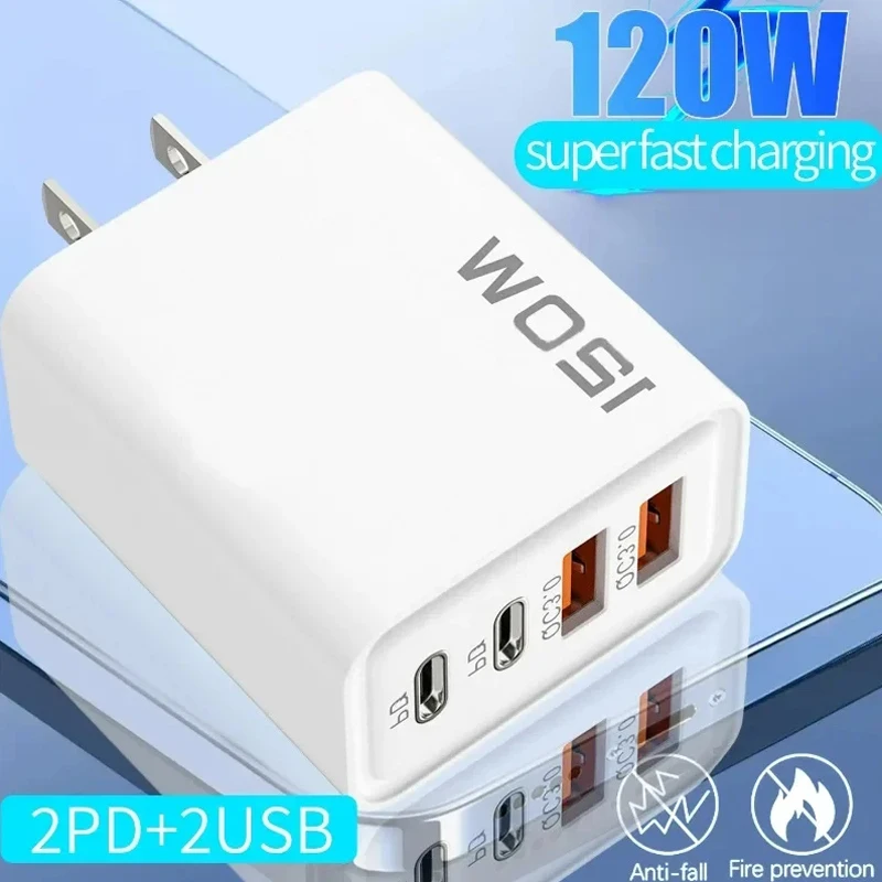 

120W Fast Charging USB Charger 4 Port USB Type C Mobile Phone Charge Adapter for iPhone 15/16 Samsung Xiaomi Huawei 3.0 Charger