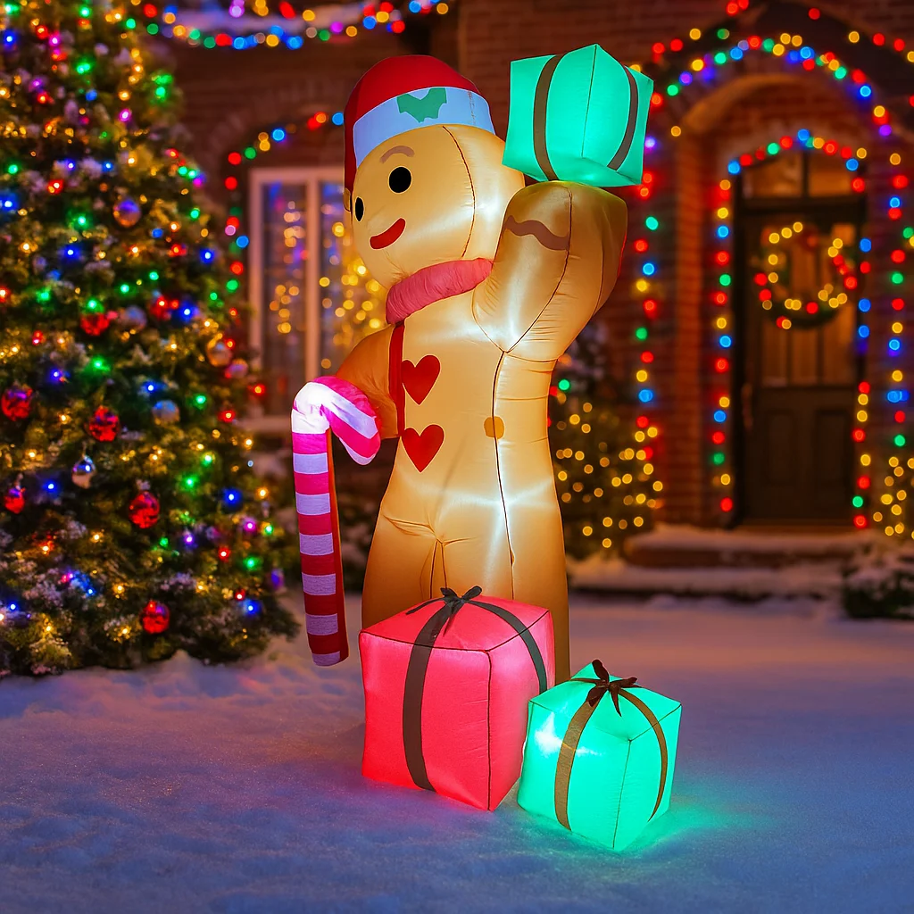 2.4 متر/7.8FT زينة عيد الميلاد لعبة قابلة للنفخ الزنجبيل رجل قصب الحلوى هدية صندوق المنزل ساحة الحلي LED زينة عيد الميلاد لعبة #4
