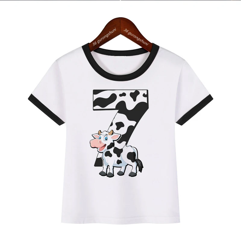 T-Shirt For Boys/Girls Funny Animal Cow 1-10th Birthday Number Print Toddler Baby Tshirt Fashion Kids Birthday Gift Clothing Top