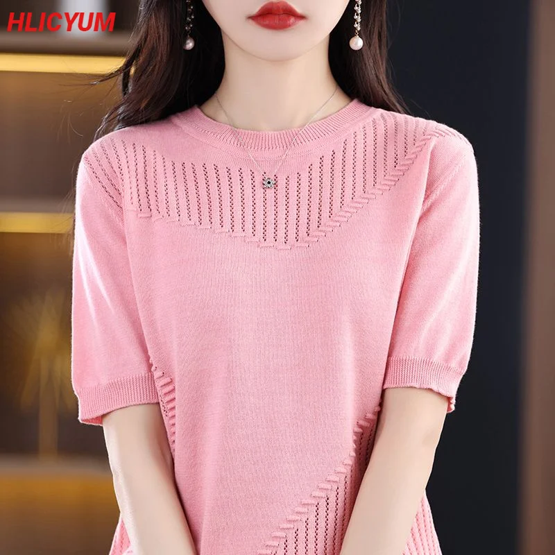 Women\'s T-shirt 2023 New 100% Cotton Short Sleeve Casual Solid Knit Pullover Ladies Tops Loose Tees Hollow Round Neck Blouse