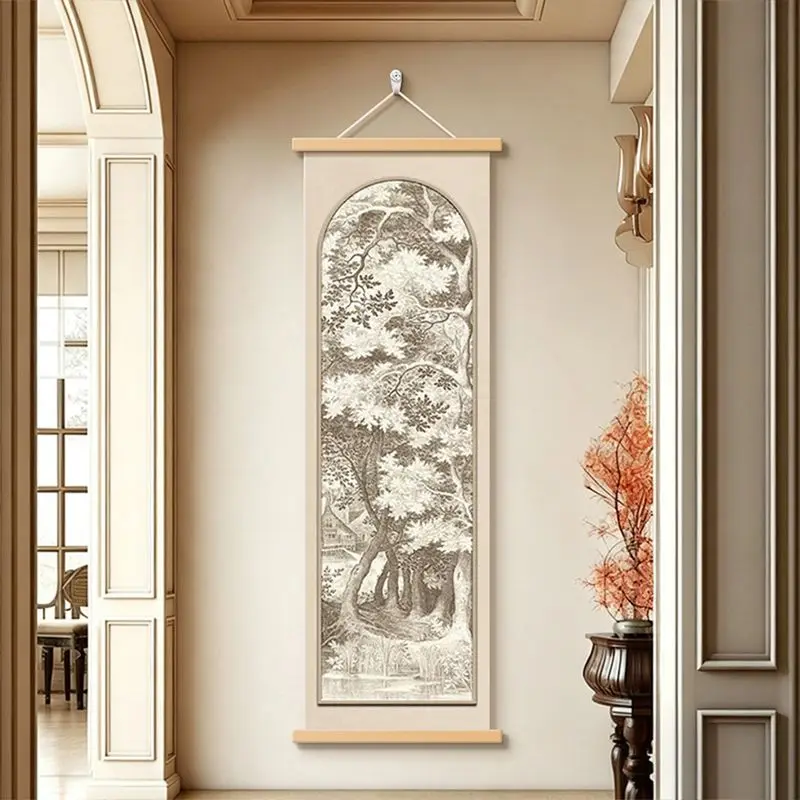 VIKAMA Chinese Flower Bird Wall Scroll, Ink Landscape Painting Print, Retro Asian Hanging Scroll for Living Room Decor