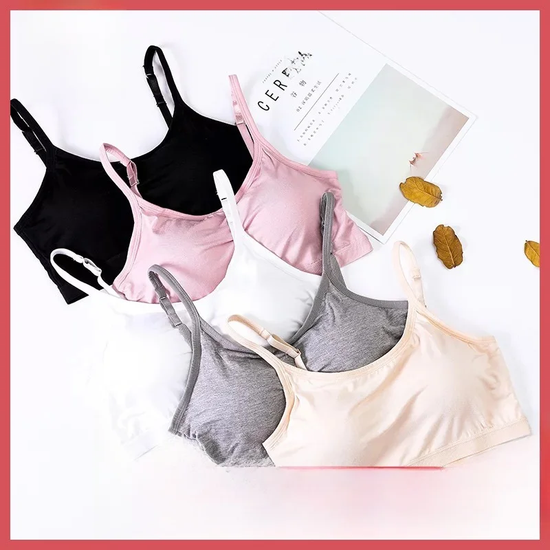 

2023 Ladies' Pure Color Strapless Bra Cotton Sleepwear Sports Underwear Breathable Innerwear Thin Strap Student Suitable