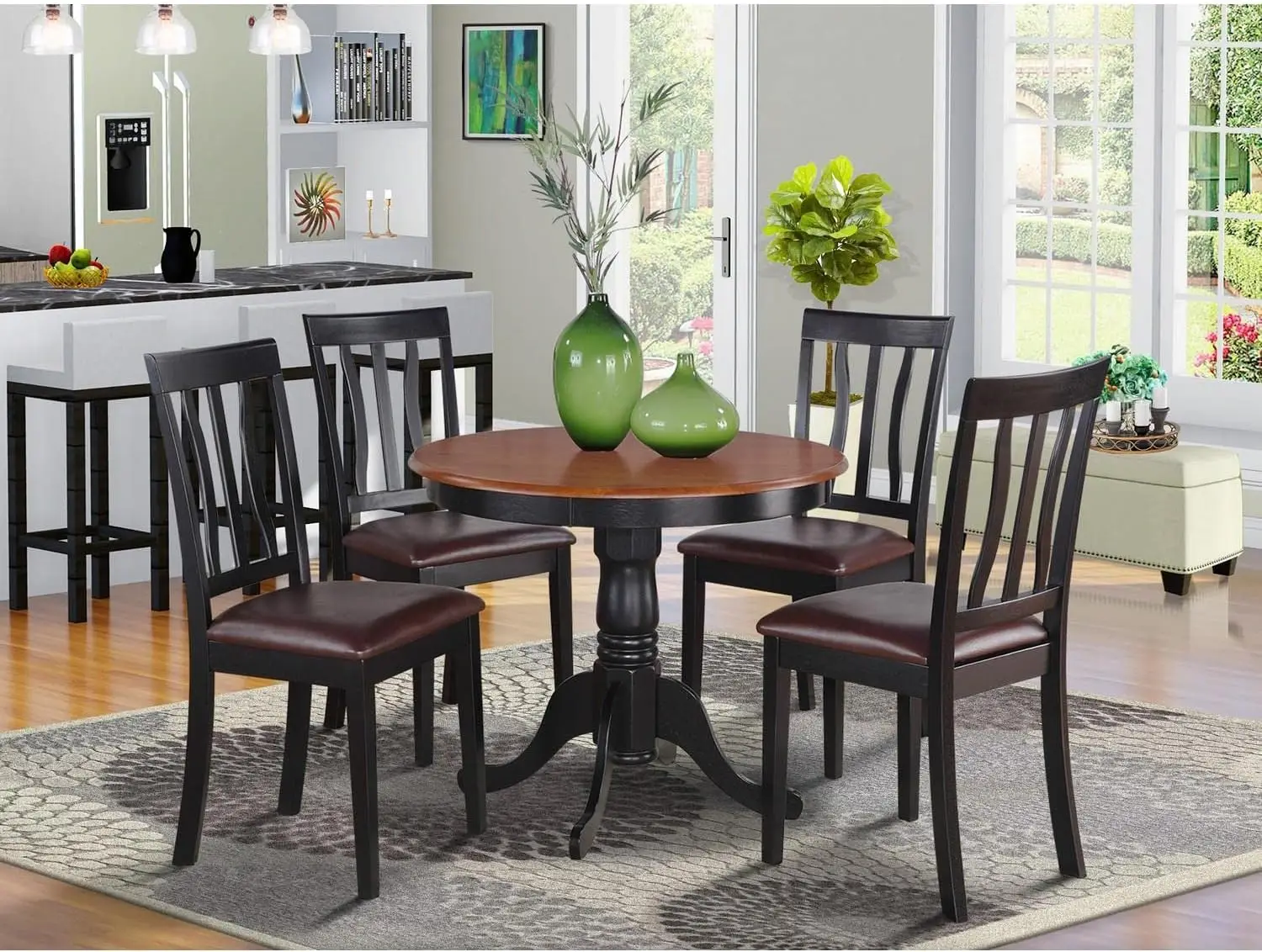 

Antique 5 Piece Dining Set for 4 Includes a Round Kitchen Table with Pedestal and 4 Faux Leather Upholstered Dinette Chairs