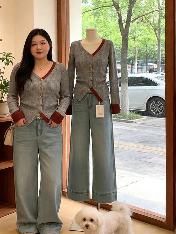 

plus Size Knitwear V-Neck Long Sleeve Slimming Spring 2026 New Style Korean Version Casual Comfortable Breathable Top for Women