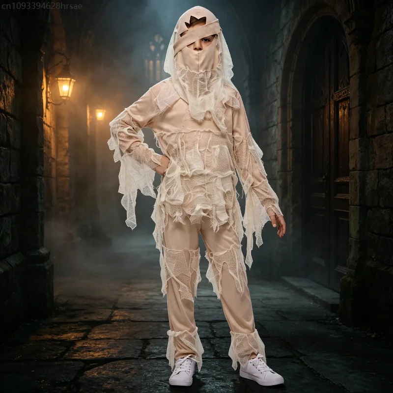 Unisex Horror Halloween Ägyptische Mumie Cosplay Kostüm Gruseliger Tod Party Bühnenauftritt Zombie Ausgefranstes Zerrissenes Gaze-Outfit