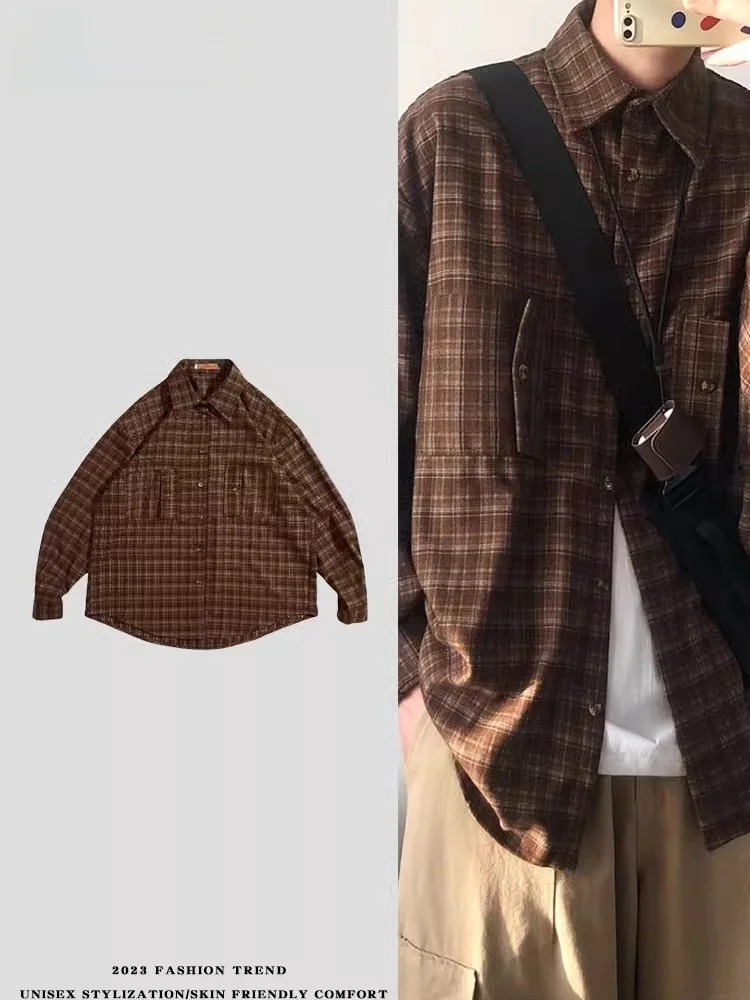 

Retro Plaid Long Sve Men's irt Spring Autumn Casual Loose Soft Brued Outerwear Stand Fit Youth Trend All Seasons