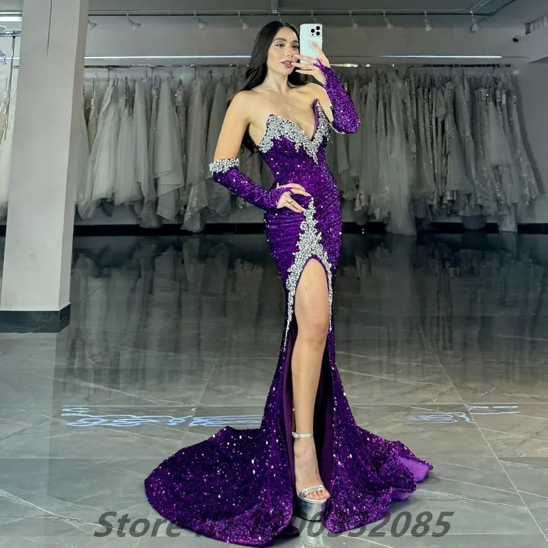 Eightale 2025 Purple Sequin Evening Dress With Gloves High Slit Beaded Sweetheart Prom Dress Dubai Formal Party Gown Customized