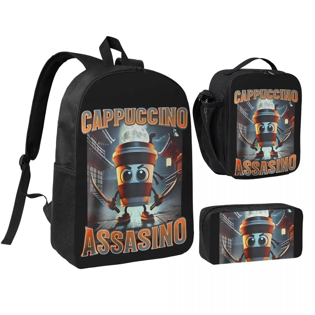 3pecs/set Italian Brainrot Animals Backpack for Teenage Cappuccino Assassino Laptop Computer Canvas Bags Lunch bag Pencil Case