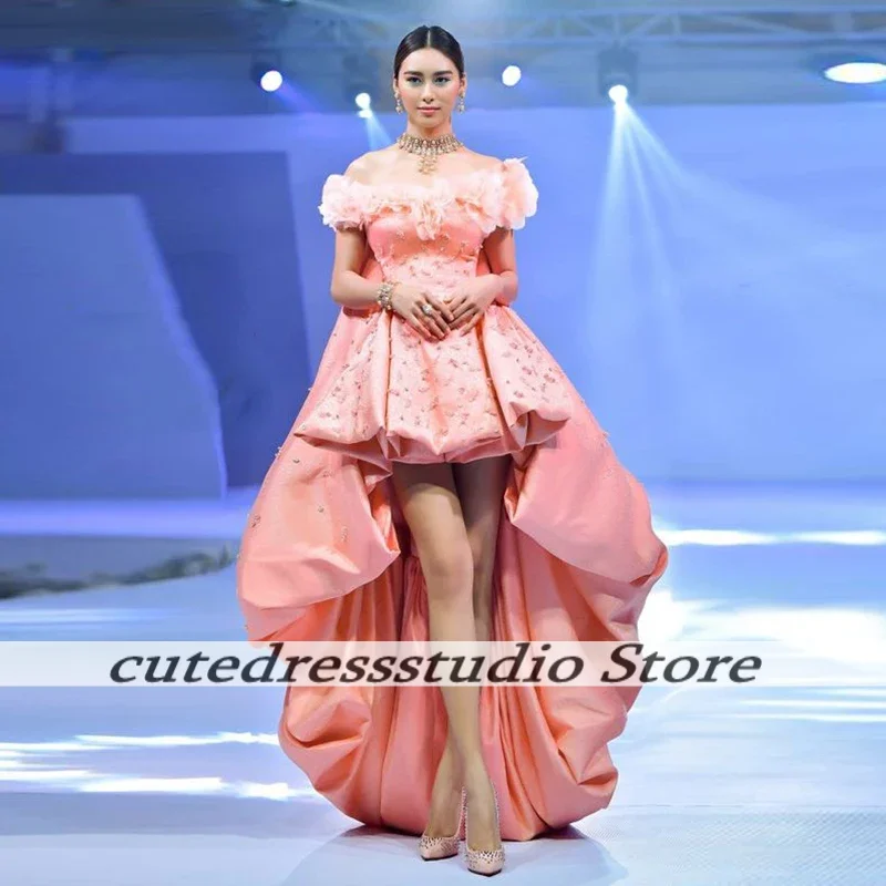 

Elegant Pink Prom Dresses For Women Exquisite Handmade Flowers Off The Shoulder Hi-Lo Beauty Pageant Dress Luxurious Customized