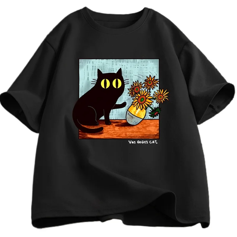 Van Gogh Cat Graphic T Shirts Men Women  Flower Black  Cat T-shirt Round Neck Short Sleeve Trendy Tee Shirt  Street Wear  Summer
