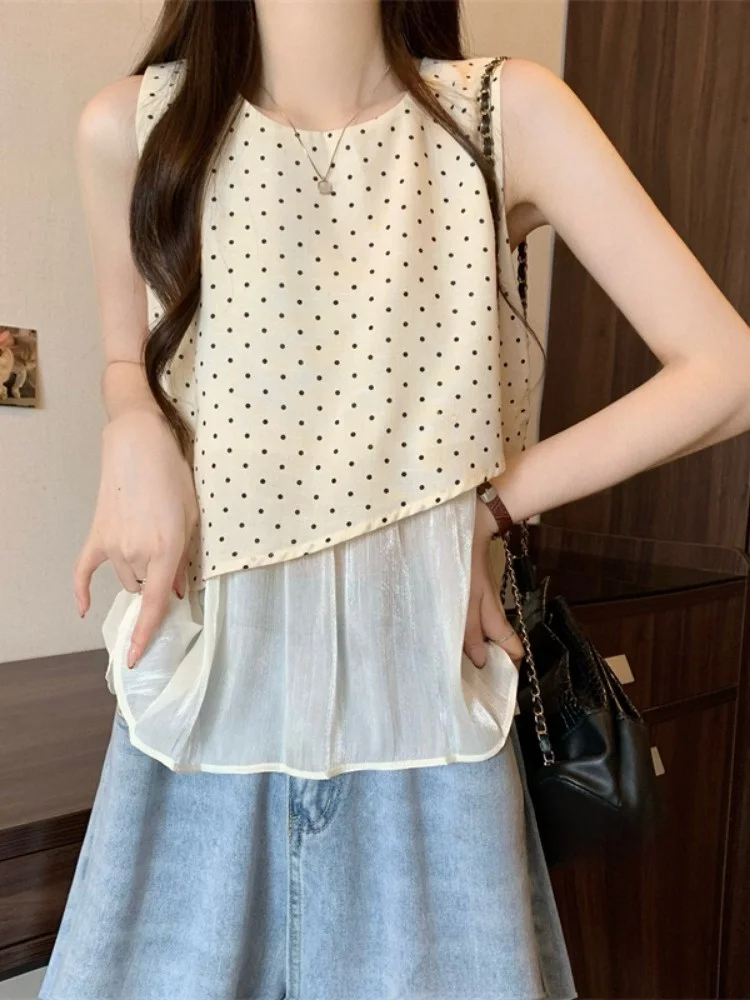 

Retro Blue Polka Dot Chiffon Loose Svel Top Women's Faion Summer New Sle Vintage Polka Dot Print Blouse Vest Outerwear