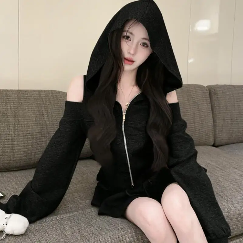 American Y2K Fashion Women's Off Shoulder Jacket Autumn New Style Girls' Hoodie Comfortable and Versatile Youth Tops Trendy