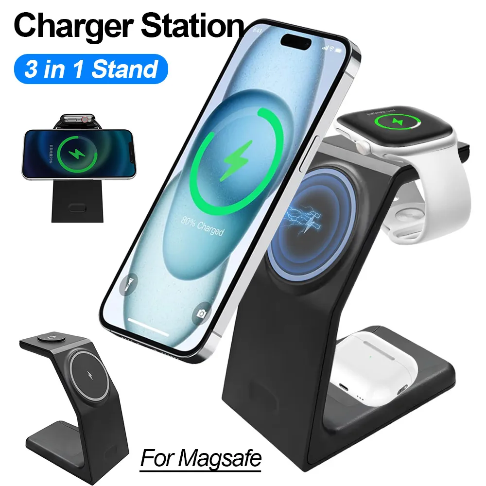 

Дорожная магнитная подставка для беспроводного зарядного устройства 3-в-1 для iPhone 16, 15, 14, 13, 12, iWatch 10/9/8/7 SE AirPods Pro 4/3, станция быстрой зарядки