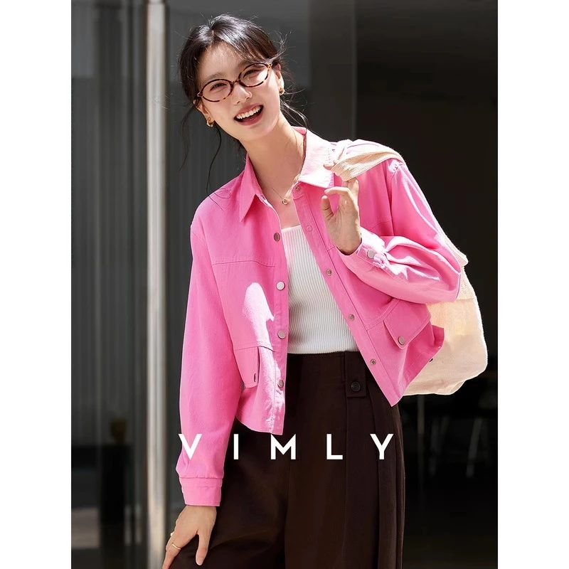 

VIMLY розовые куртки женские из чистого хлопка 232, осенняя новая женская куртка с длинным рукавом, повседневные свободные женские пальто на пуговицах с отложным воротником A2150