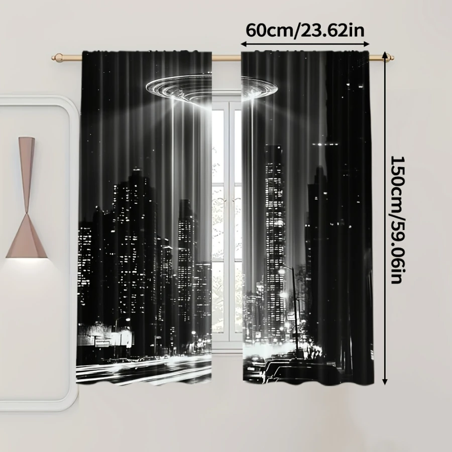 2PCS Digital Printed Curtains, City Night UFO Design, Urban Cityscape Style for Living Room Bedroom Kitchen Home Decor