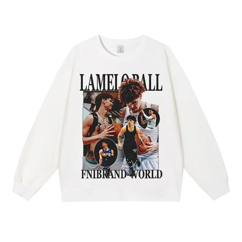 

Autumn American Three-ball Ball Ball Printed Heavy Cotton Hoodie Men's Fashion Retro Round Neck Loose Basketball Long Sleeves