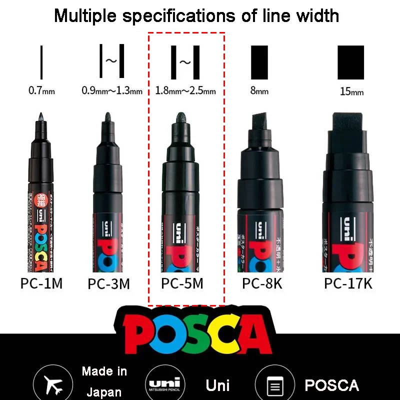 일본 유니 포스카 아크릴 마커 펜, 8 가지 색상 세트, PC-5M 라인 너비 1.8-2.5mm 미술 용품, 방수 그래피티 광고 POP, 신제품