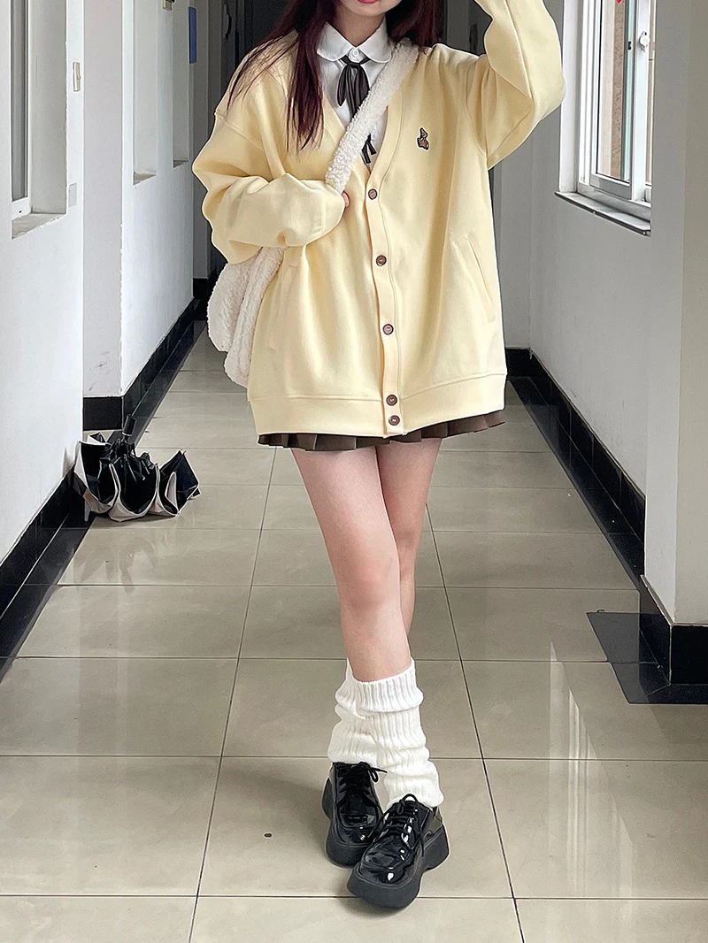 2024 Fashion Cute Kawaii College Jackets Cardigan hoodie Coat Women Preppy Bear Embroidery Loose Casual Harajuku jacket Girl