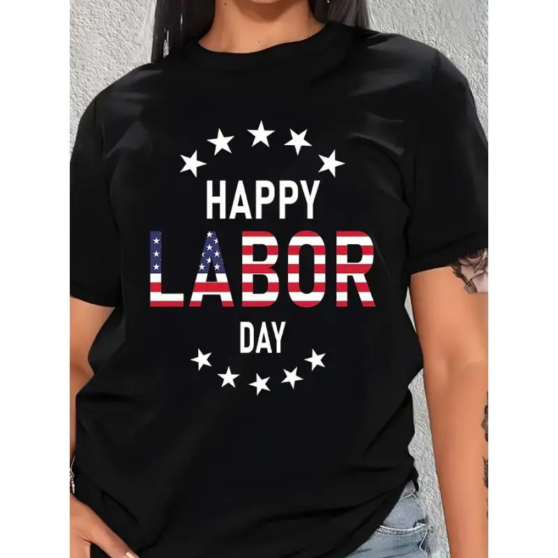 

Happy Labor Day T-Shirt American Flag Word Print Tee Cotton Short Sleeve Top US Labor Day Celebration Gift Worker Appreciation