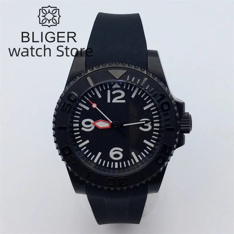 40mm BLIGER PVD Black Mechanical Automatic Men\'s Watch Black Aseptic Dial Luminous Blue AR Sapphire Glass NH35A PT5000 Movement