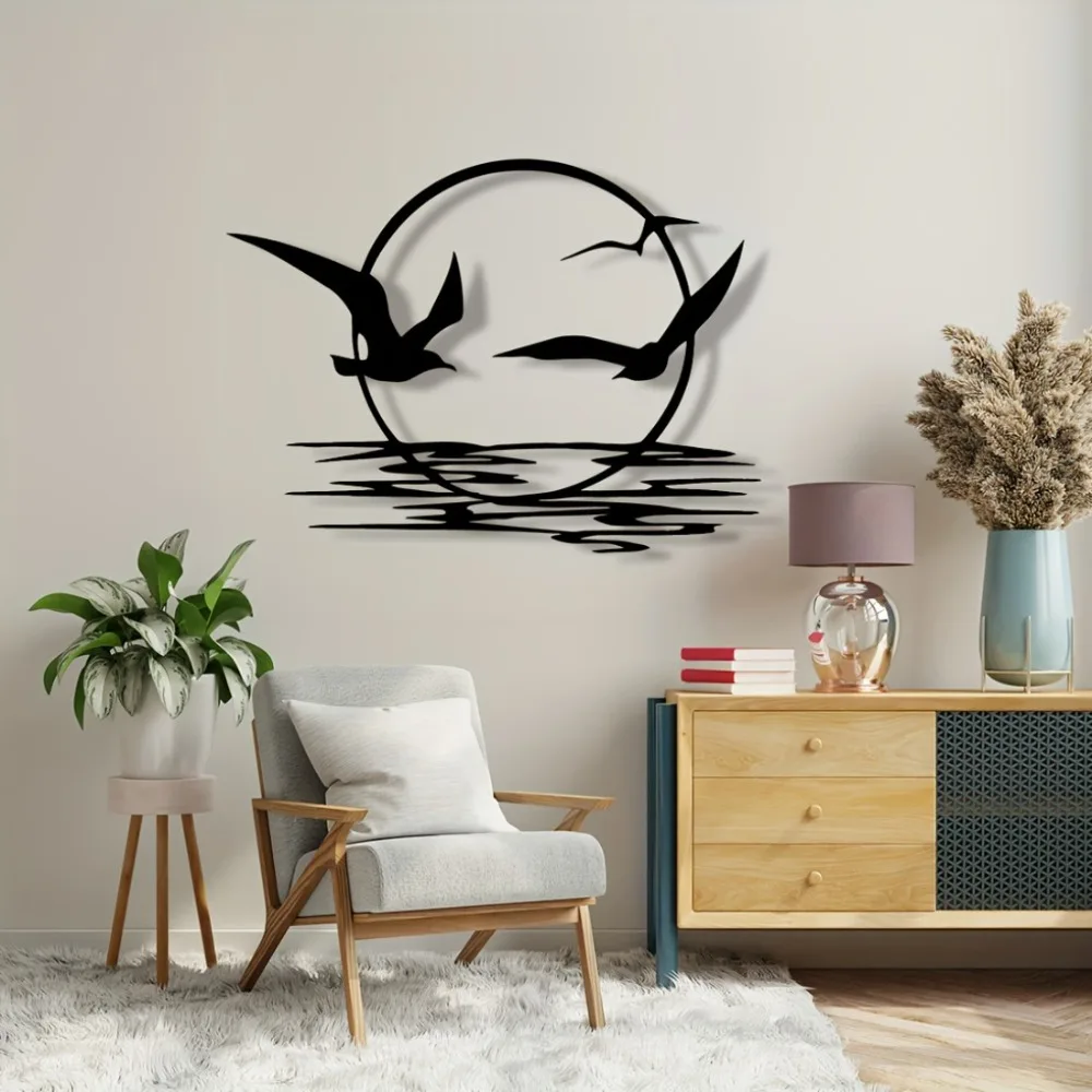 1pc 2D Flat Sunset Seagull Metal Wall Decor Natural Landscape Home Garden Patio Decor
