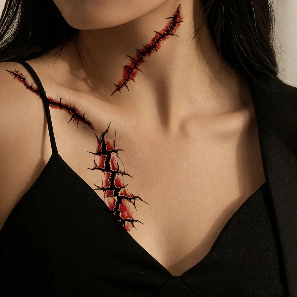 6pcs Halloween Zombie Scar Temporary Tattoos Fake Bloody Wound Stitches Scar Body Face Waterproof Tattoo Stickers For Pranks