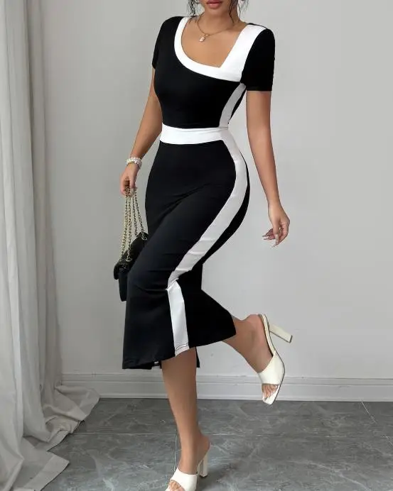 

Women Dresses 2026 Spring Summer New Elegant Color Blocked Square Collar Short Sleeve High Waist Slim Fit Slit Back Midi Dress