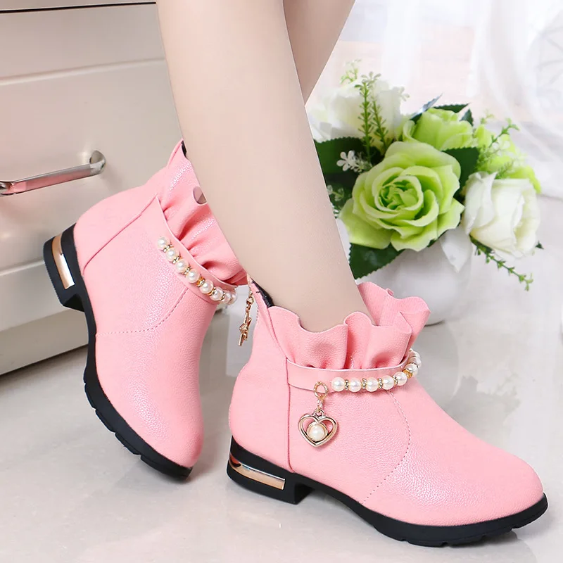 Girls Ankle Boots 2022 New Autumn And Winter Fashion Lotus Leaf Lace Beaded Zip Beautiful Princess Non-Slip Children Warm Plush