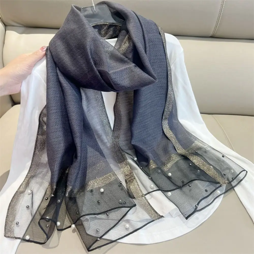 Luxury Pearls Silk Scarf Shawls Sunscreen Transparent Mesh Neck Scarves Neckerchief Korean Style Beach