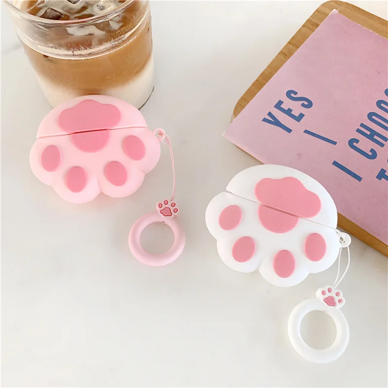 Cat Paw casing silikon Airpods 1 2, sarung pelindung HP merah muda lucu, aksesori Headset tahan air