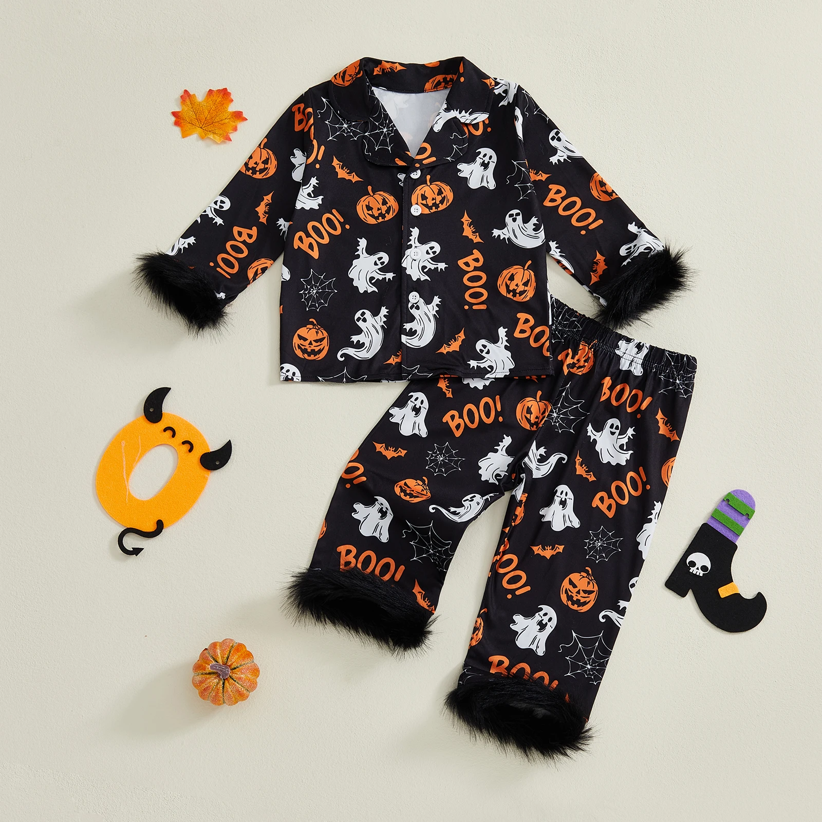 

Kids Girls Halloween Pajamas Set Pumpkin/Skull Print Long Sleeve Tops with Elastic Waist Pants Two Pieces Sleepwear