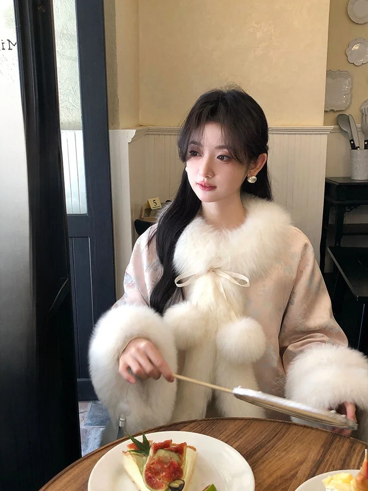 

Новое белое пуховое пальто с меховым воротником и поясом в традиционном китайском стиле, утепленная зимняя верхняя одежда из меха и кожи