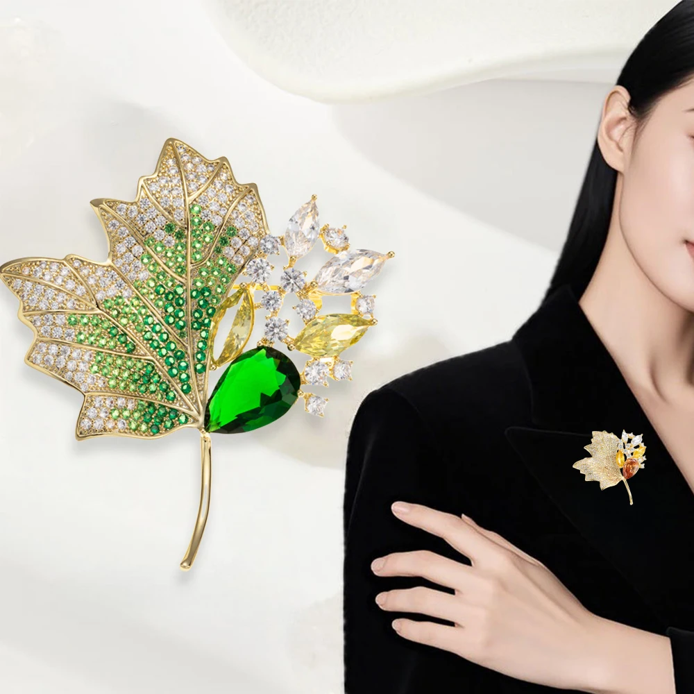 Exquisite Zircon Maple Leaf Brooches for Women Luxury Rhinestone Plant Corsage Dress Jacket Accessories Party Jewelry