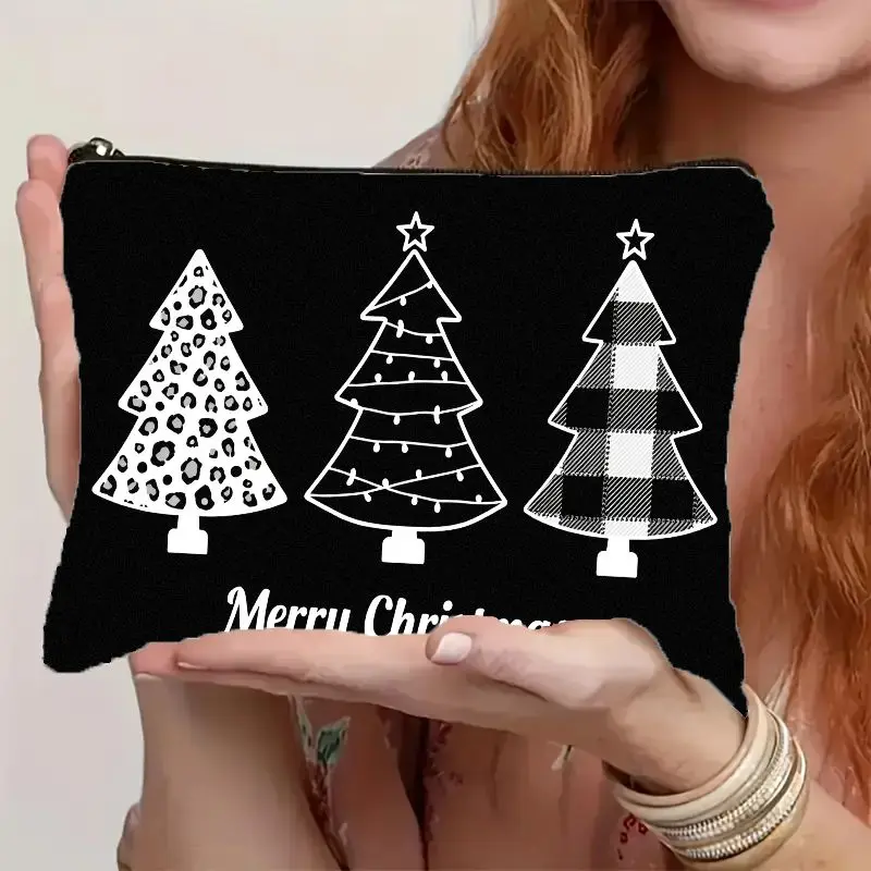 Black Christmas tree print cosmetic bag，Features a durable zipper closure，Lightweight and portable holiday makeup organizer，Desi