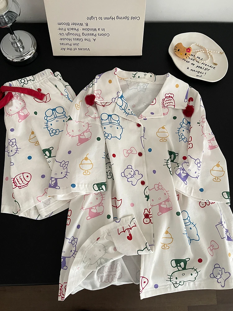 

Милый мультяшный принт Hello Kitty, женские пижамы, новые летние шорты с короткими рукавами, домашняя одежда, костюм-двойка, можно носить на улице