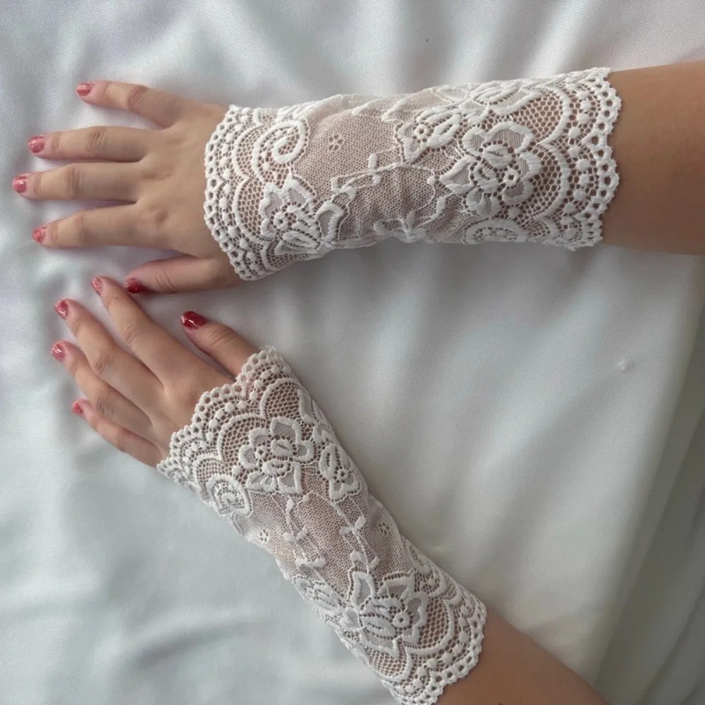 Embroidered Lace Detachable Fake Sleeves Mesh Hollow Out Lace Fake Sleeves Cuff Elastic Sun Protection Wrist Cuffs