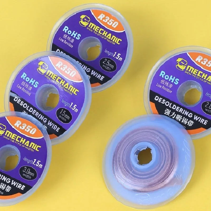Mecánico R350 1,0/1,5/2,0/2,5/3,0/3,5/4,0mm de ancho, 1,5 m de longitud, desoldador, trenza, removedor de soldadura de cobre puro, cable de mecha